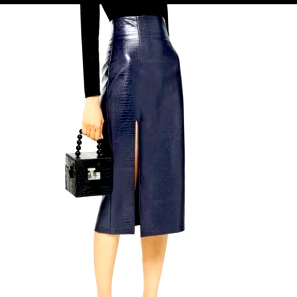 Topshop navy blue crocodile pattern faux leather skirt